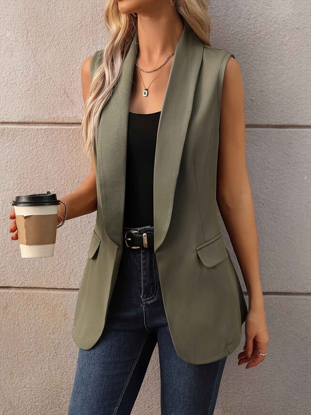Sleeveless Shawl Collar Vest Coat - Hinnulus