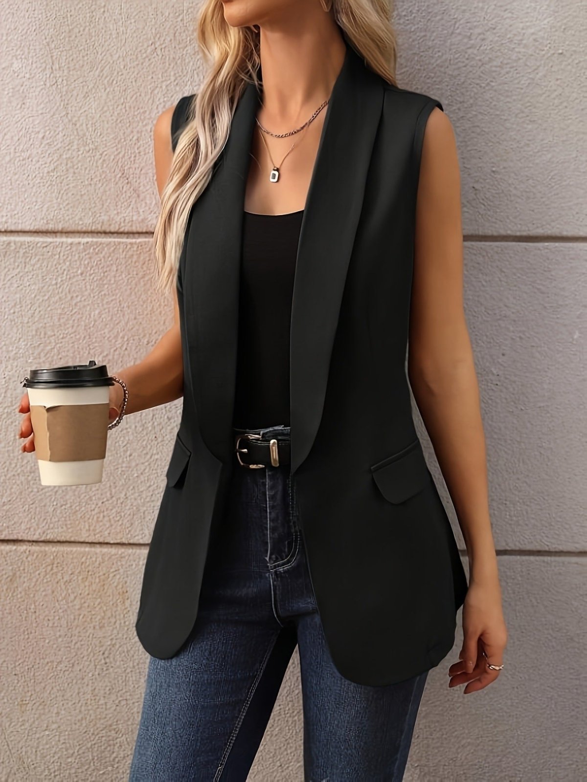Sleeveless Shawl Collar Vest Coat - Hinnulus