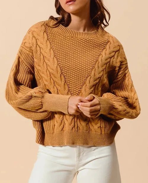 SO ME Mineral Washed Loose Fit Textured Cable Sweater - Hinnulus