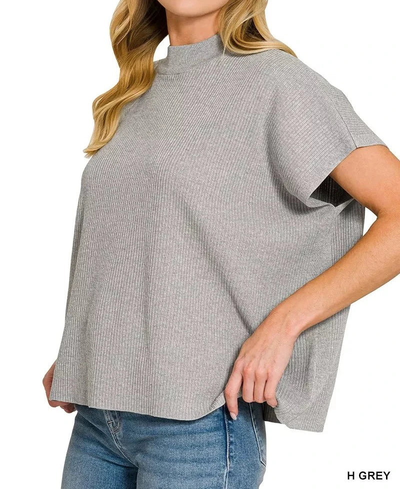 Zenana Viscose Mock Neck Short Sleeve Boxy Sweater - Hinnulus